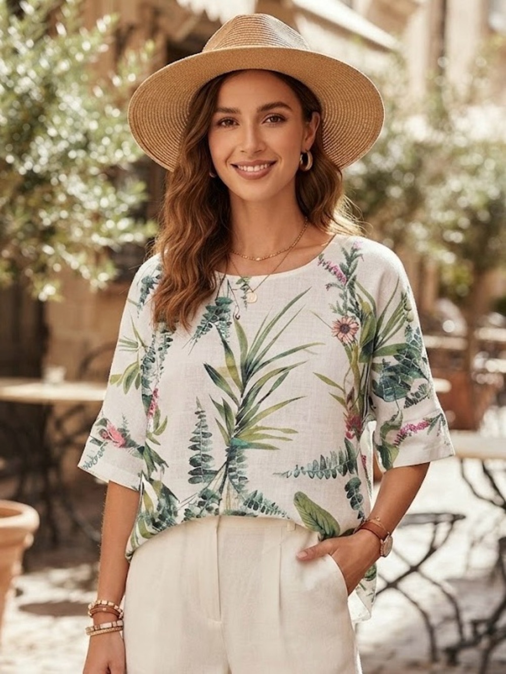 Made in Italy Botanical Green Floral 100% Linen Boxy Top Boho Lagenlook Luxury M